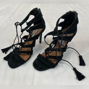 Stevie Madden Suede Strappy Fringe Tie Stiletto Heeled Sandals Black Size 6